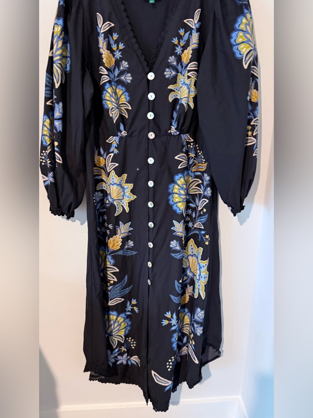 FARM Rio Stitched Garden Floral Black Midi Dress Fairycore Boho Women L Vacation - Picture 9 of 16